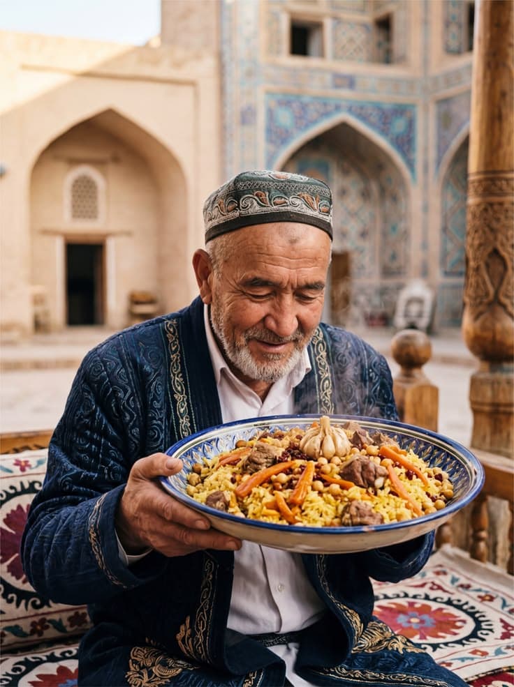 Traditional Uzbek plov (Osh) served in a wide bowl